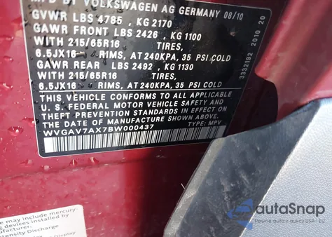 2011 Volkswagen Tiguan S z USA, uszkodzony, nr VIN WVGAV7AX7BW000437